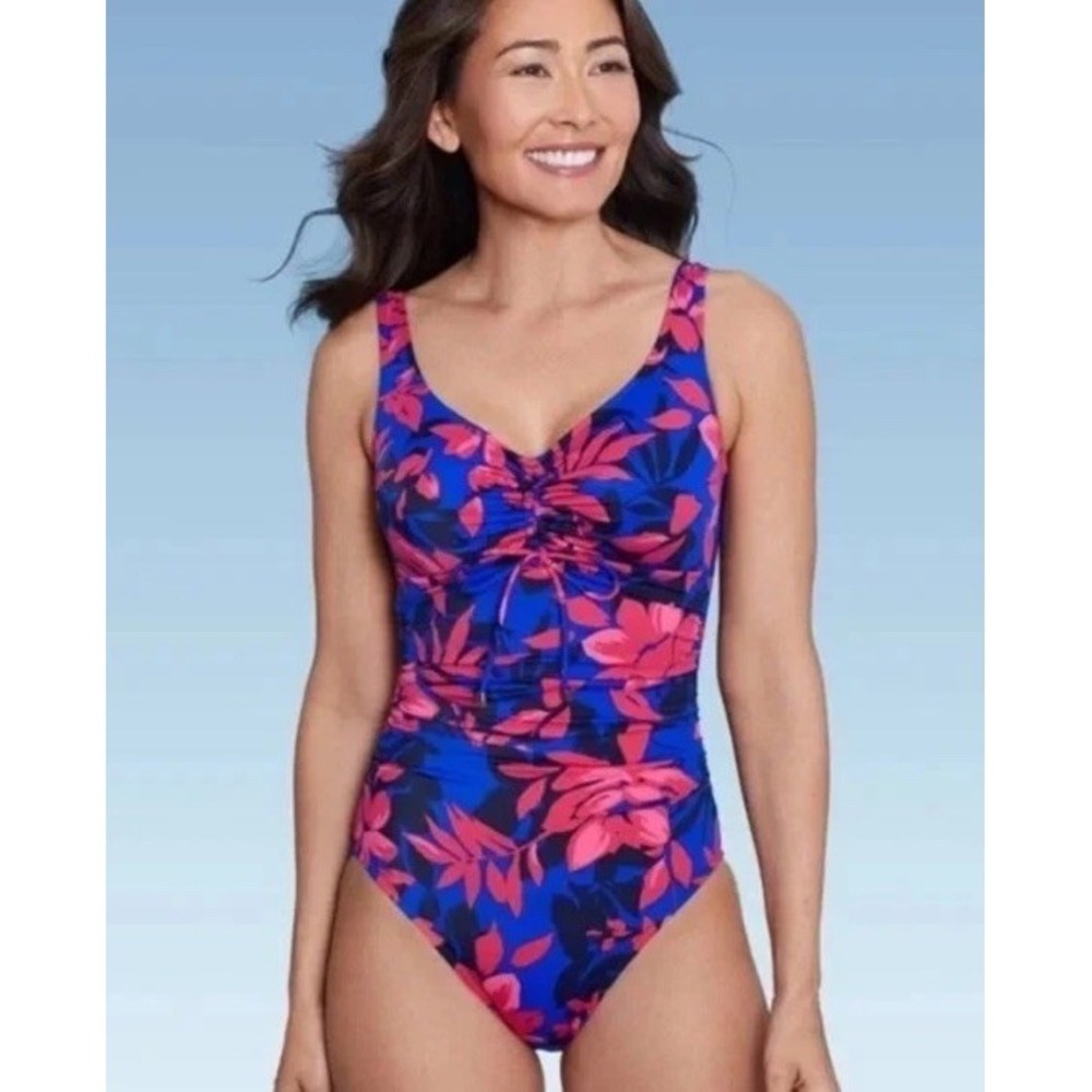 Aqua Green Women's Cinch-Front One Piece Swimsuit Pink & Blue Floral Size Large